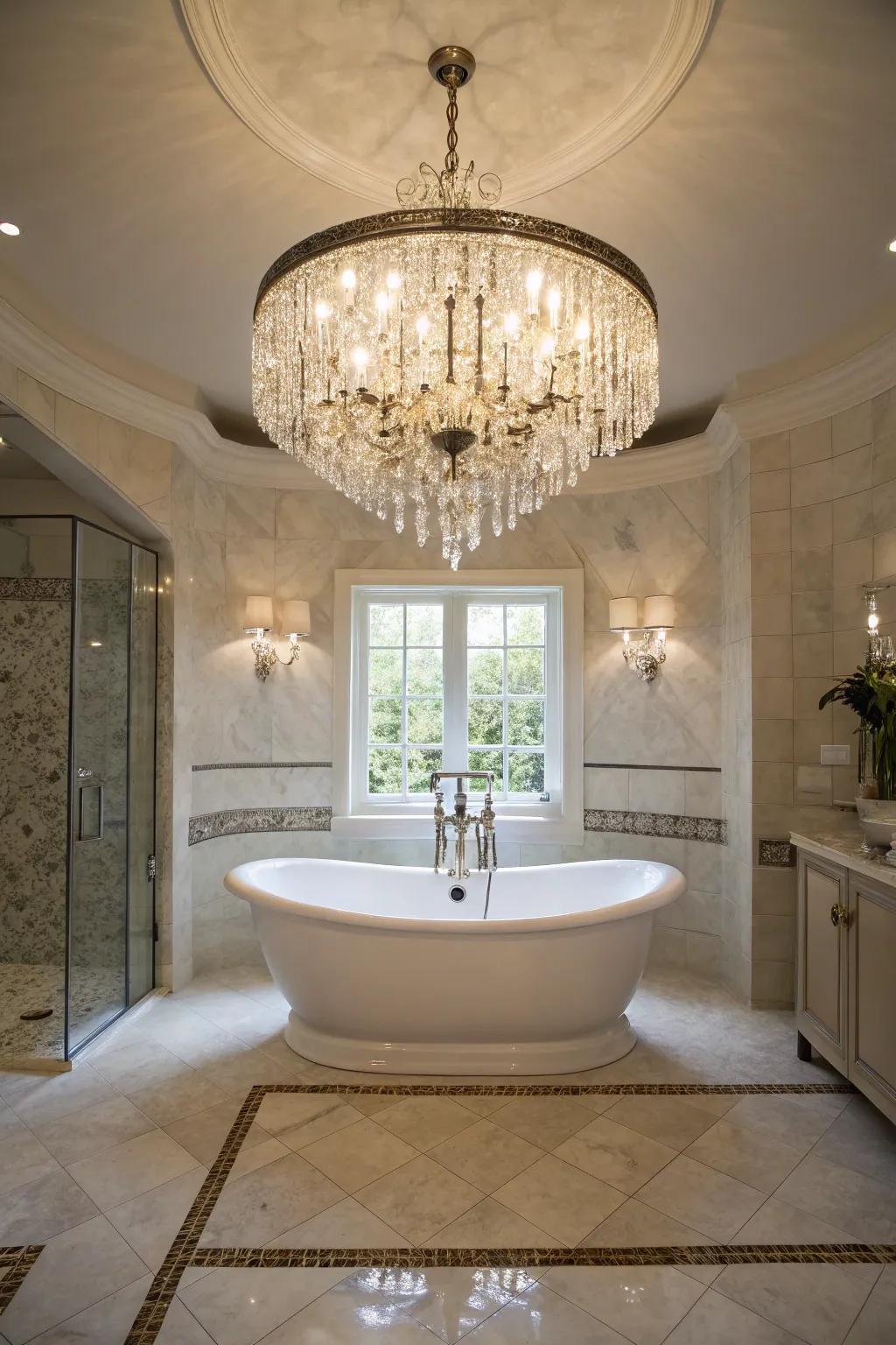 A glamorous bathroom showcases a crystal chandelier suspended above a freestanding bathtub.