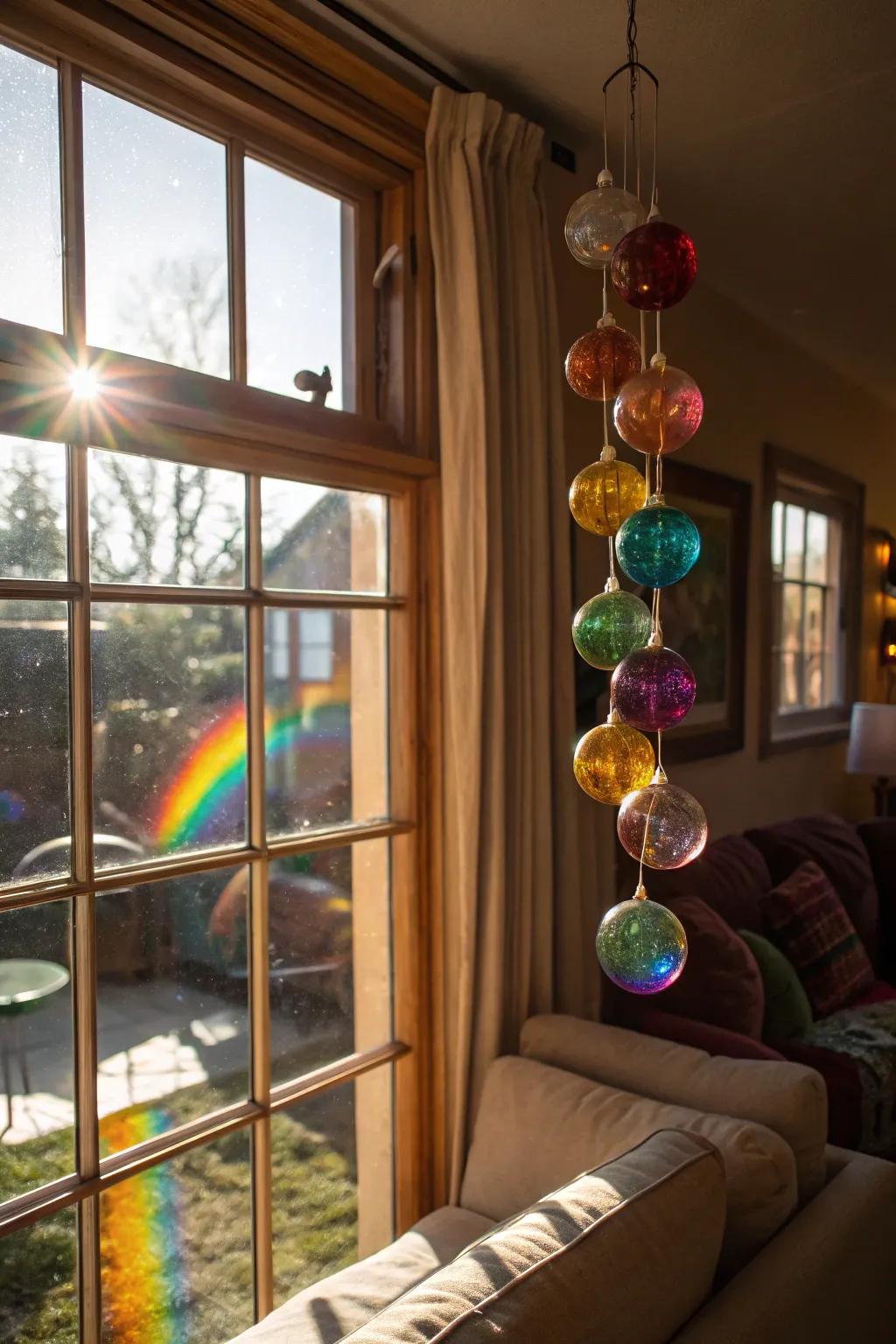 Incorporate sunlight with suspended glass orbs to establish a captivating ambiance.