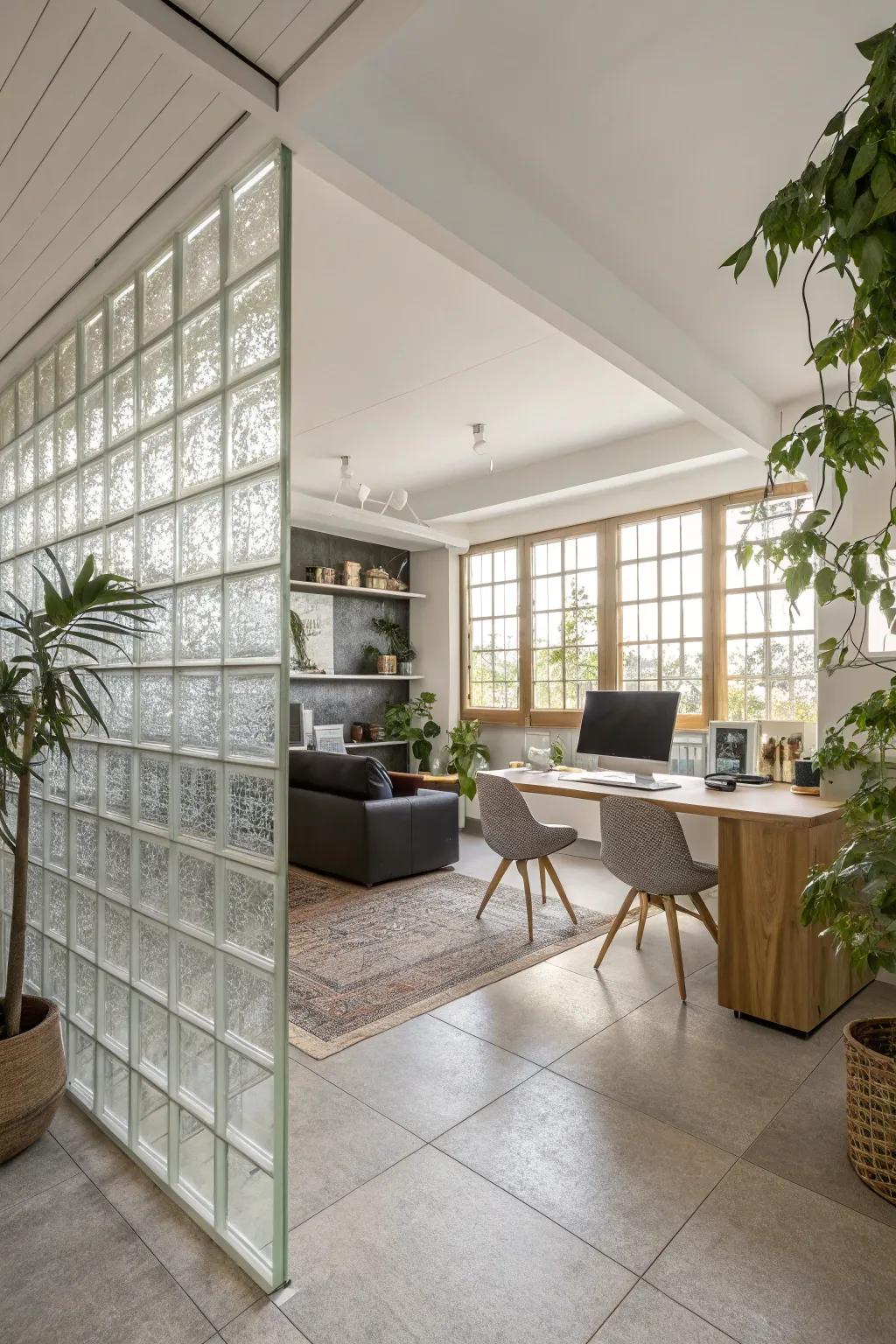 A home office exquisitely separated from the living area using a transparent cube partition.