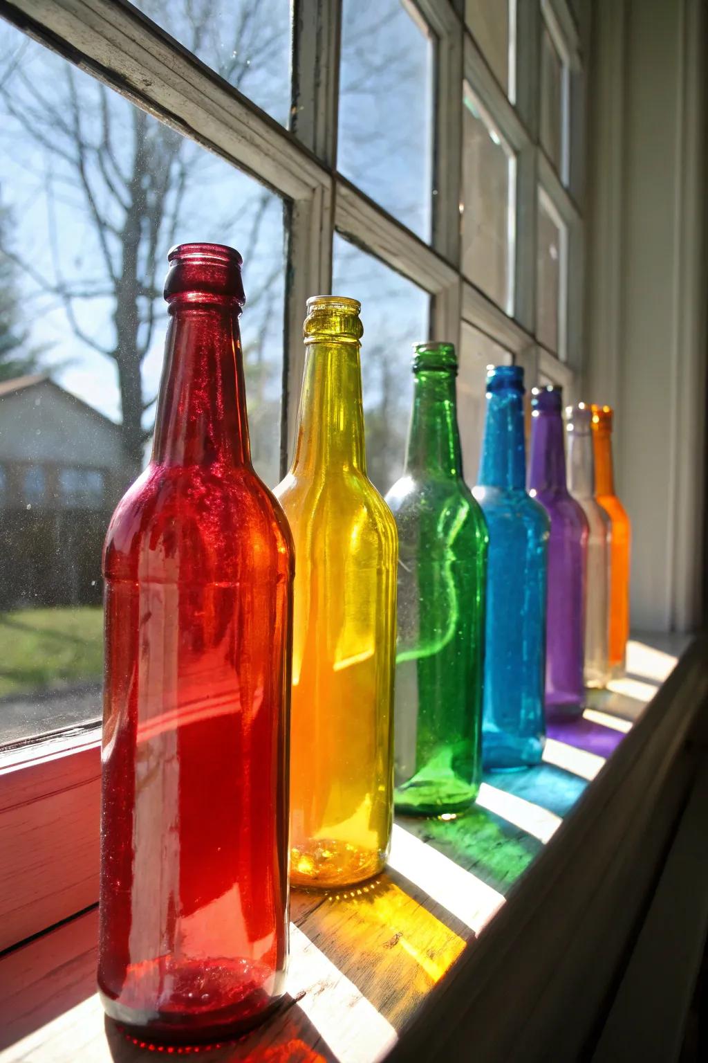 Radiantly painted bottles soaking up the sunlight, ideal for any season.