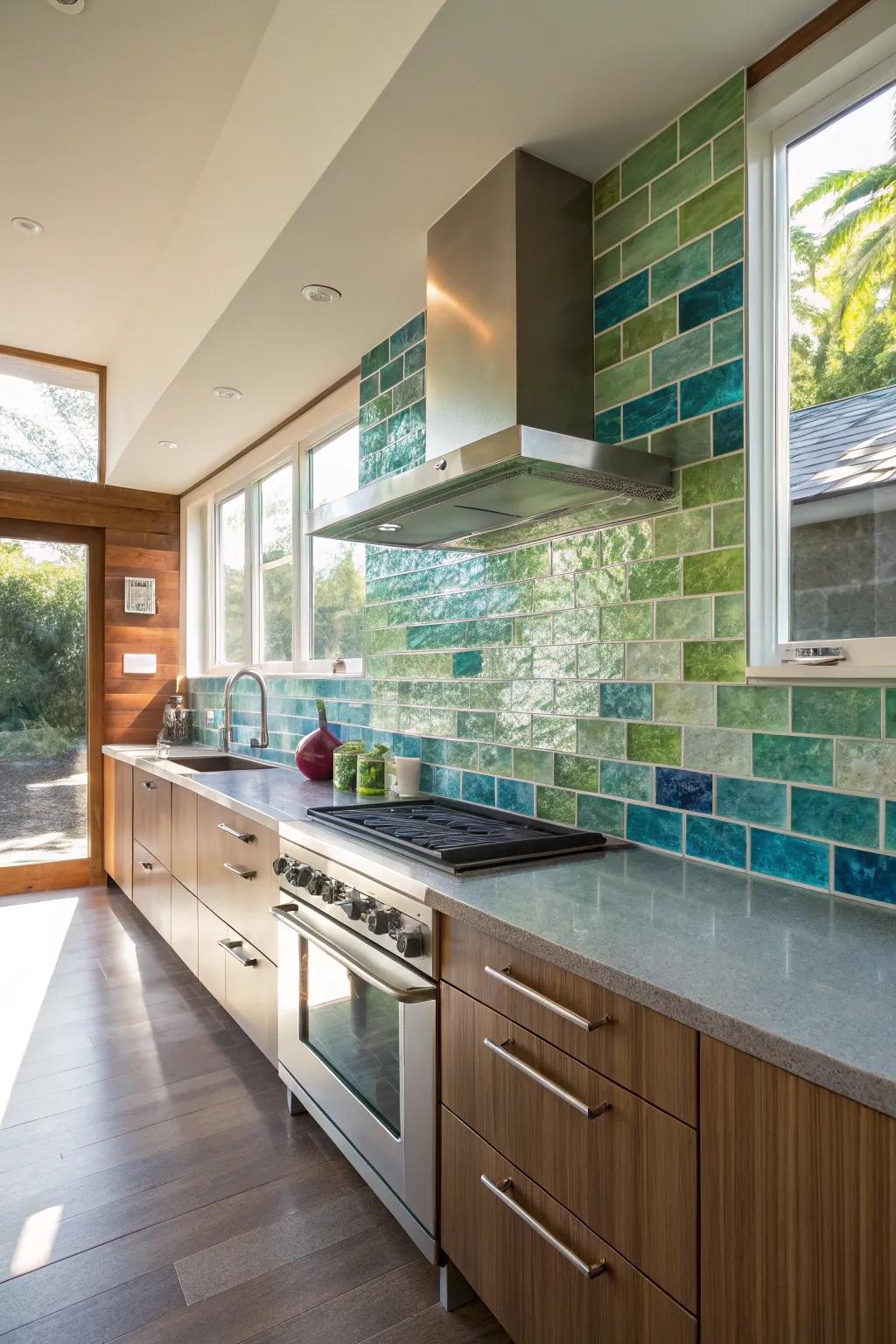 A vibrant glass tile backsplash infuses any kitchen with a burst of personality.