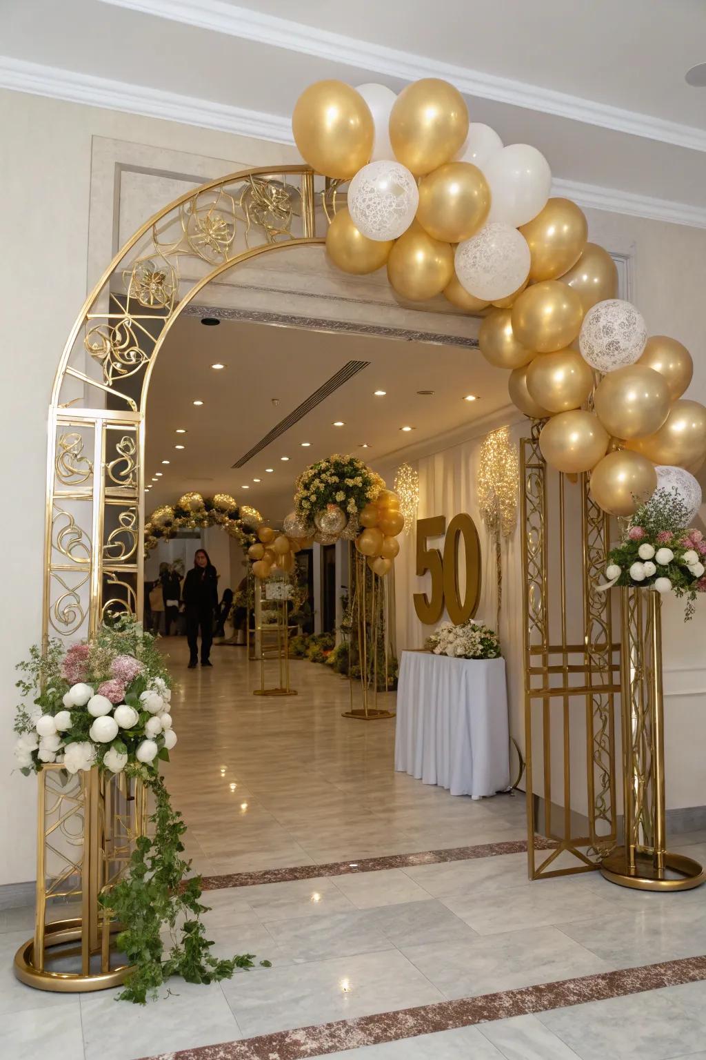 A gorgeous golden balloon arrangement provides a luxurious greeting for event attendees.
