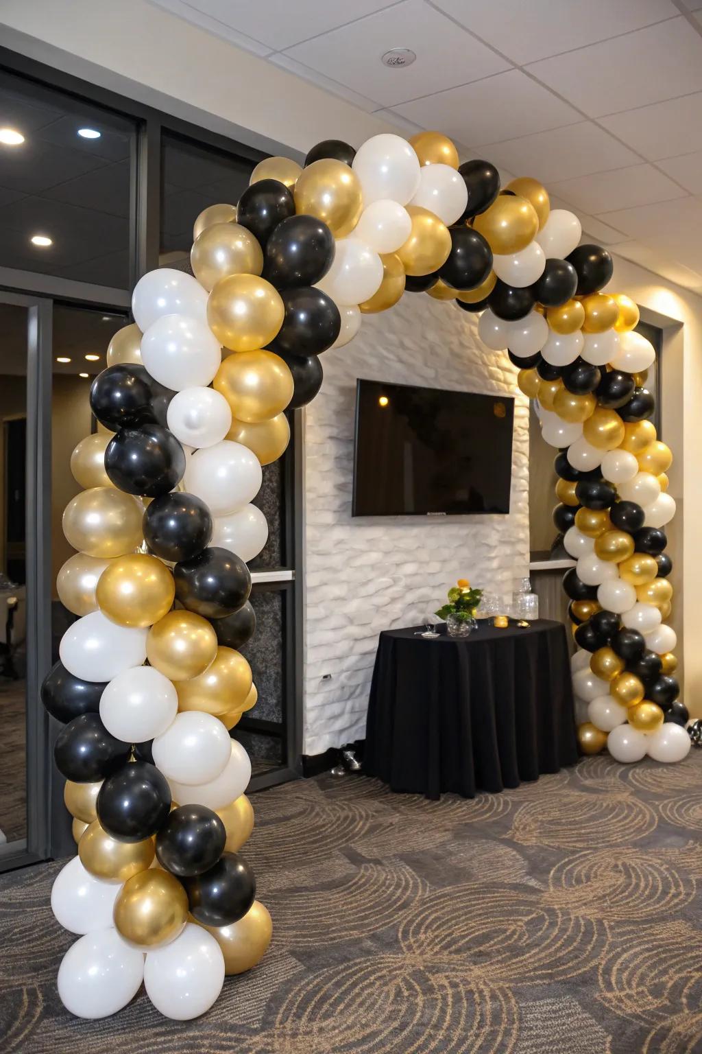 A stunning balloon arch that establishes a glamorous party atmosphere.