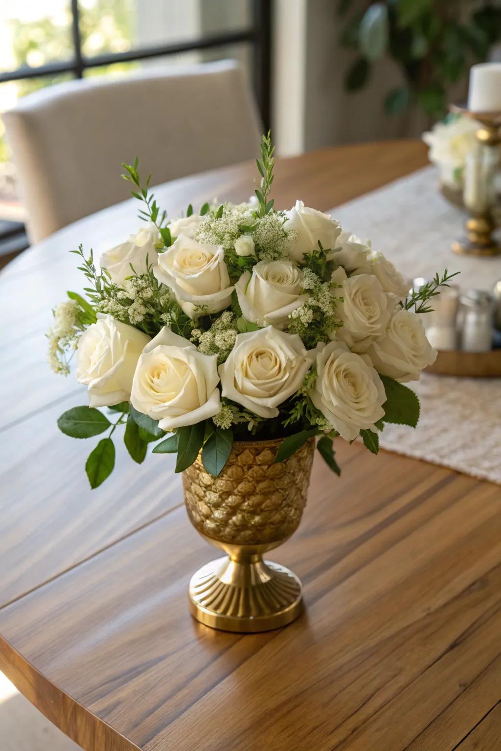 A timeless gilded vase showcasing elegant ivory roses.