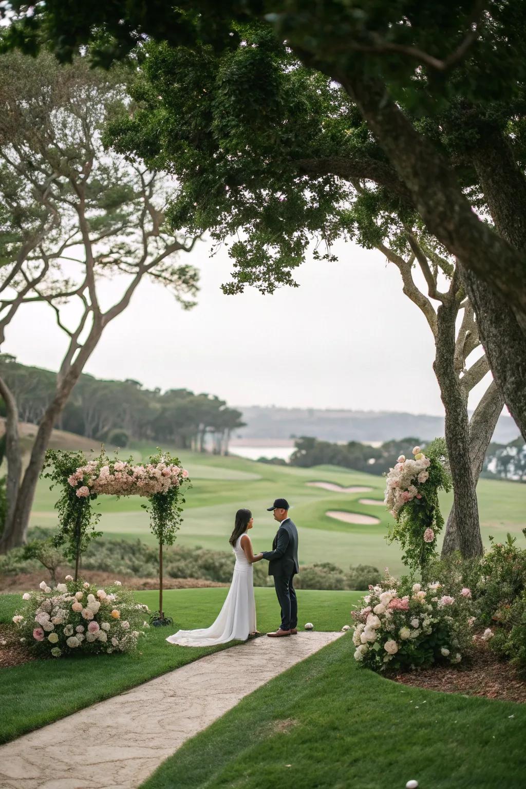 A couple promises forever on a breathtaking golf course, where the beauty of nature meets elegance.
