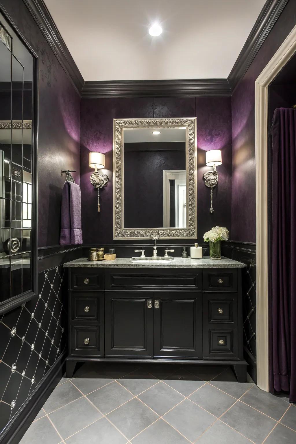 A bathroom swathed in deep shades, producing a comfortable and striking setting.