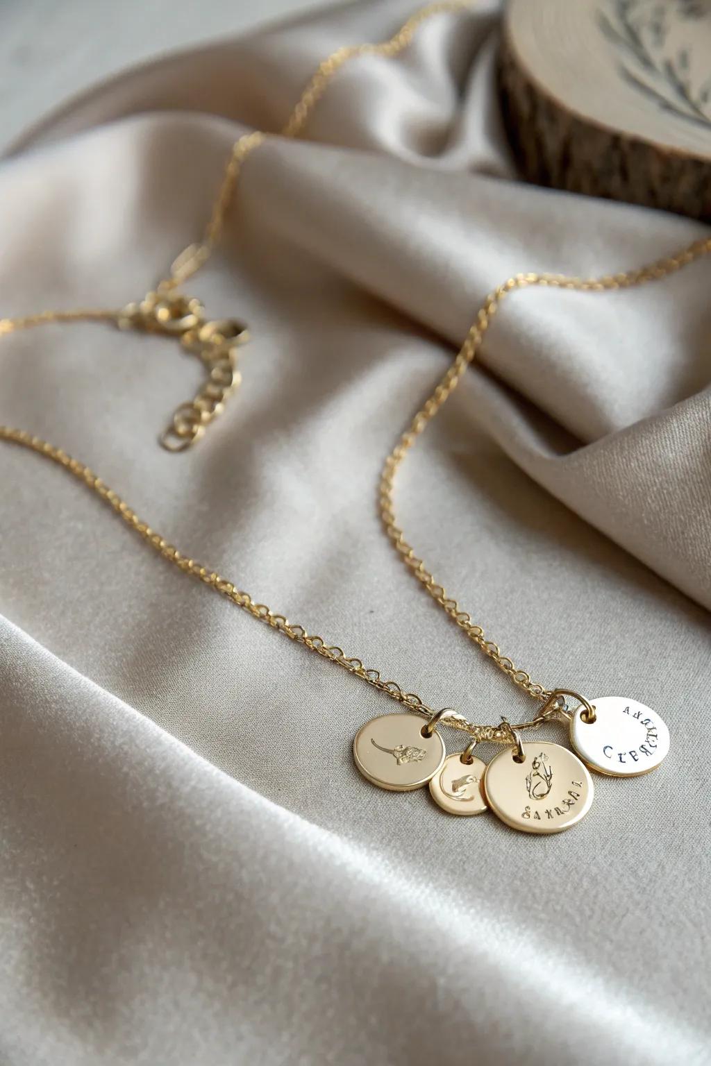 An appealing necklace featuring individualized name talismans for every grandchild.