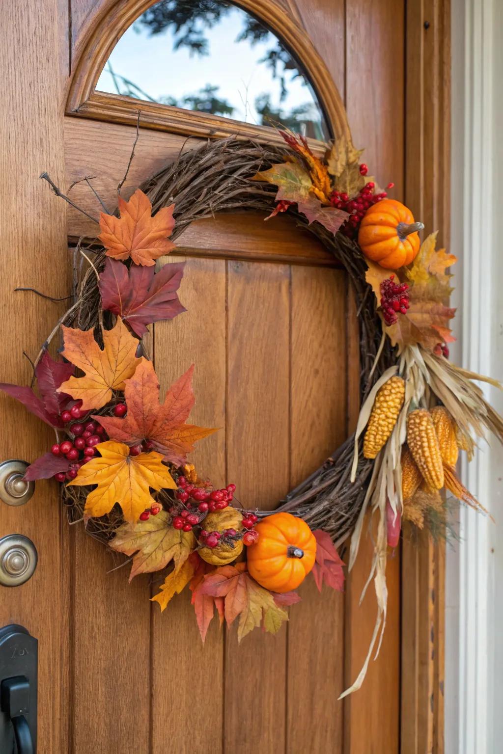 A natural fiber wreath that captures the spirit of fall with gourds and foliage.
