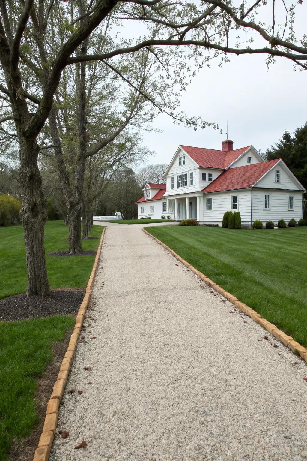 A timeless gravel driveway featuring defined lines and classic appeal.