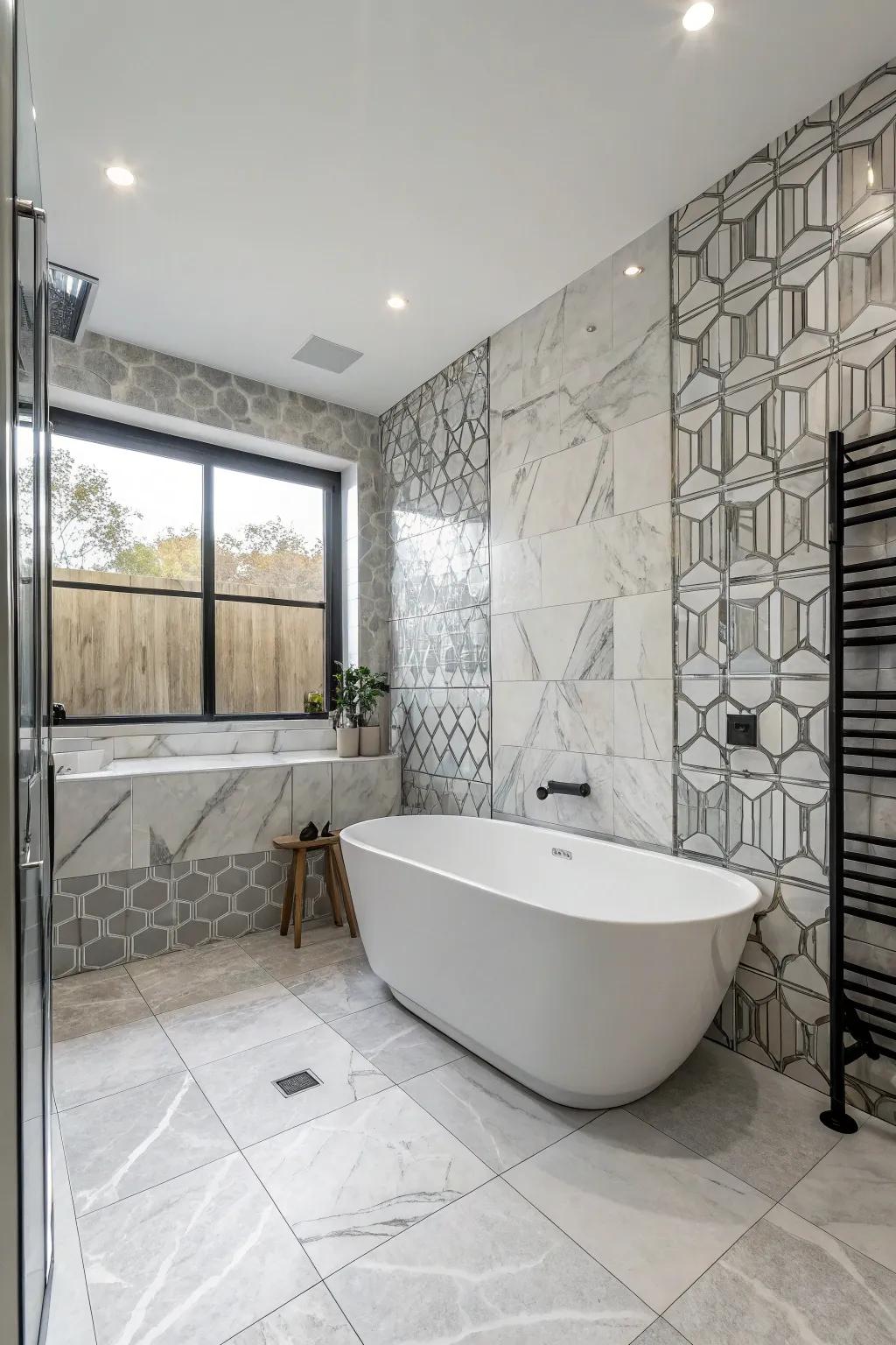Gray and white marble panels enhance the bathroom's elegance.