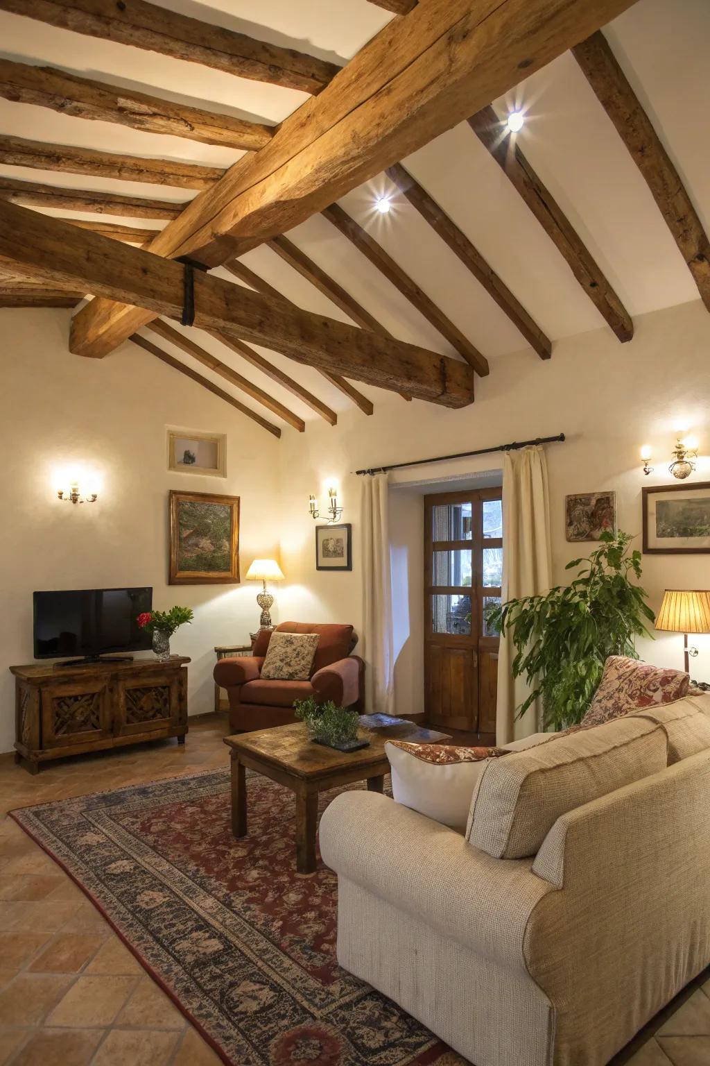Exposed wooden supports contribute a rustic charm to any dwelling space.