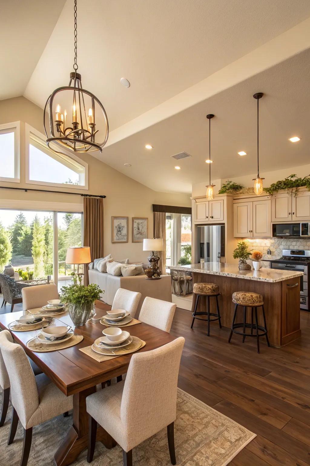An open concept beautifully unifies various living areas.