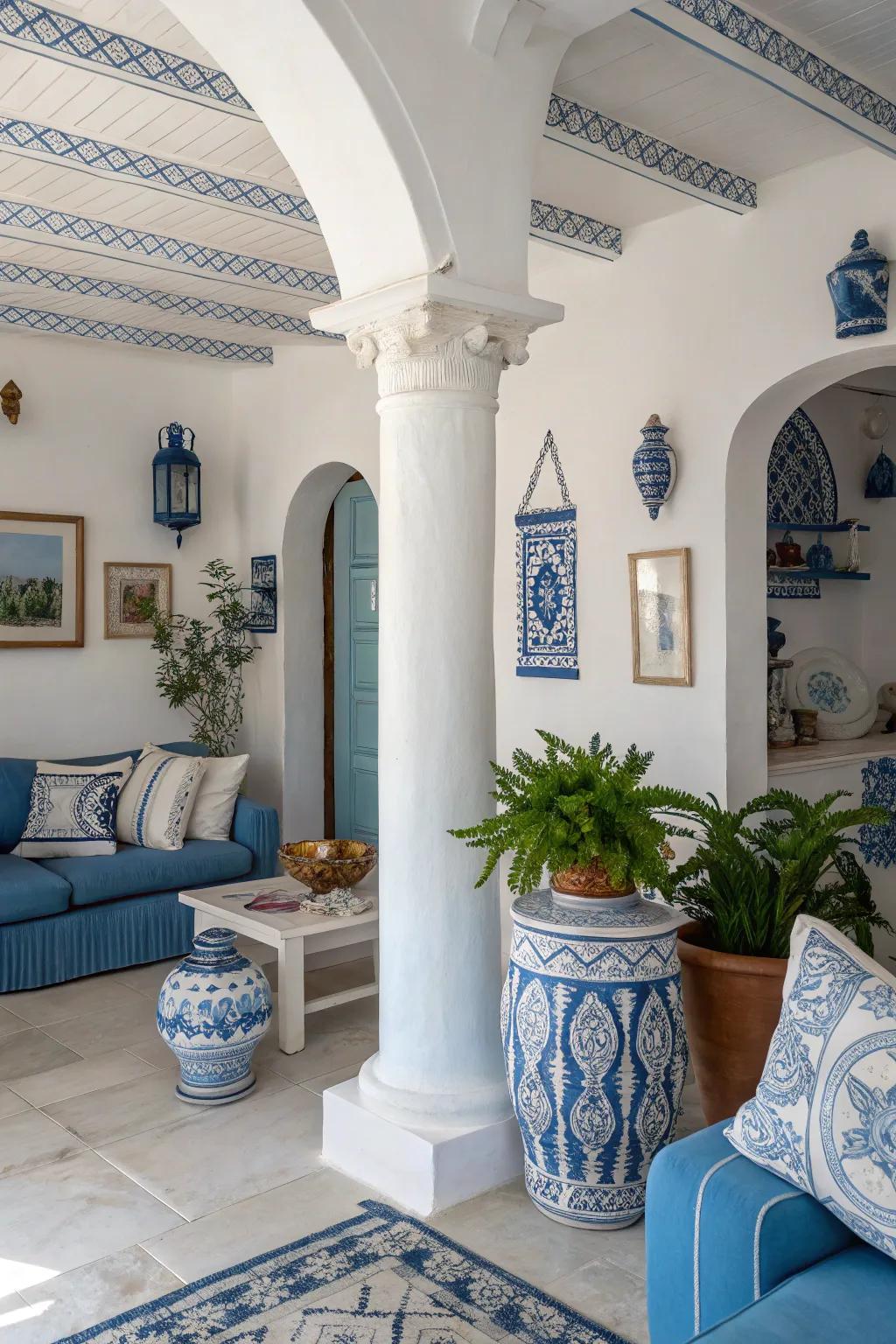 The iconic azure and white palette births an atmosphere that is both tranquil and welcoming.