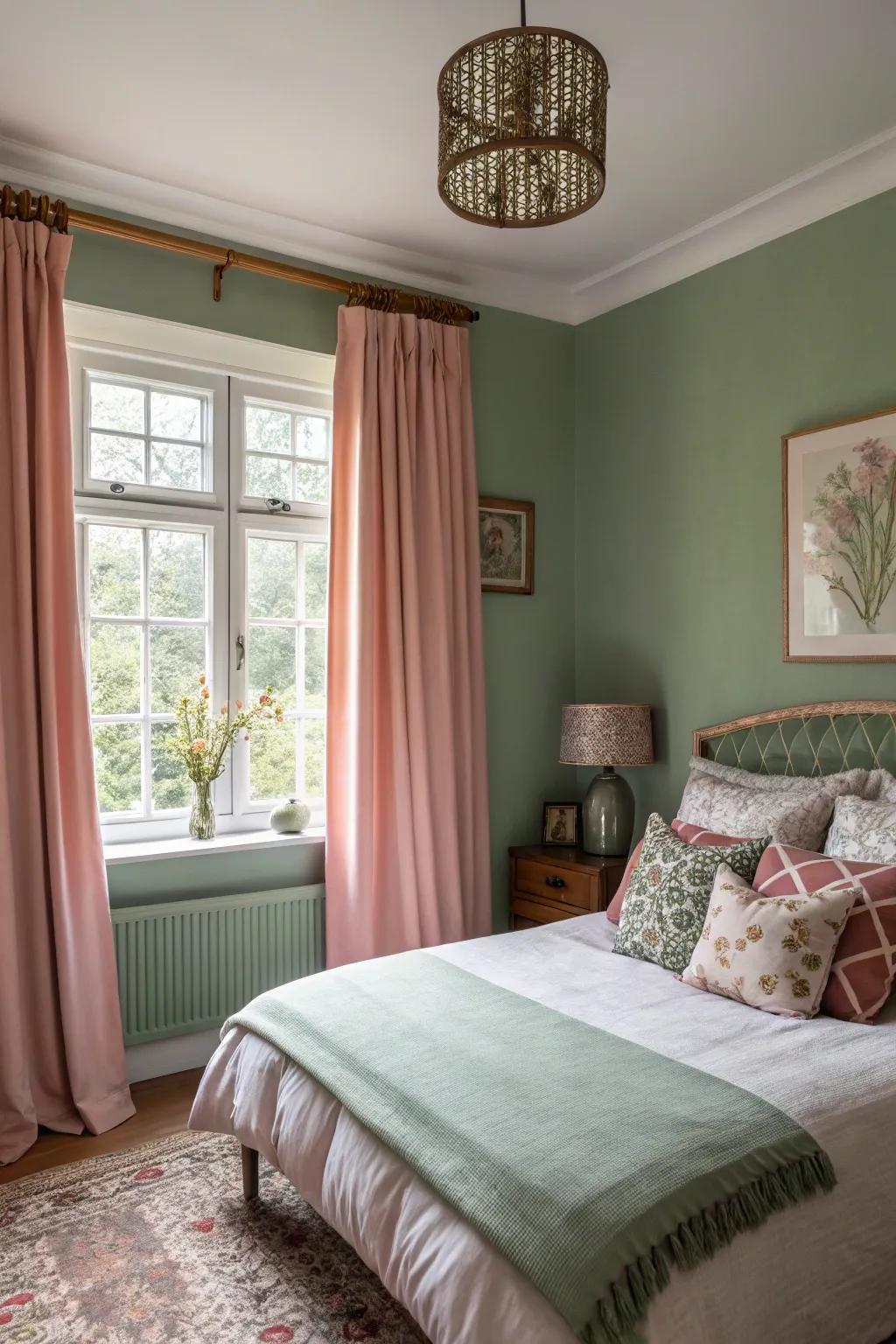 Soft green and gentle pink together form a soothing, welcoming space.