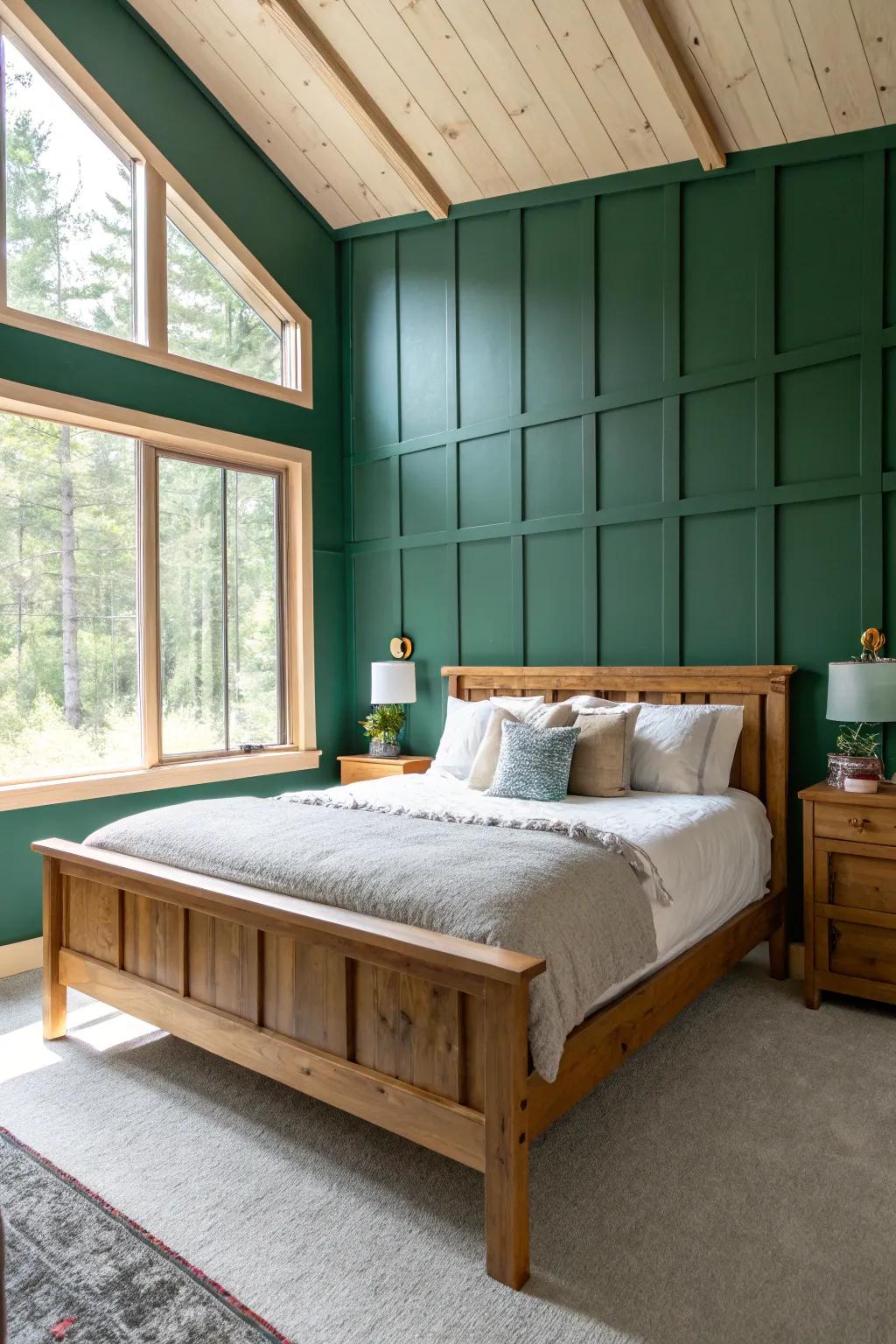 A daring deep green feature wall offers an eye-catching backdrop for this peaceful bedroom.