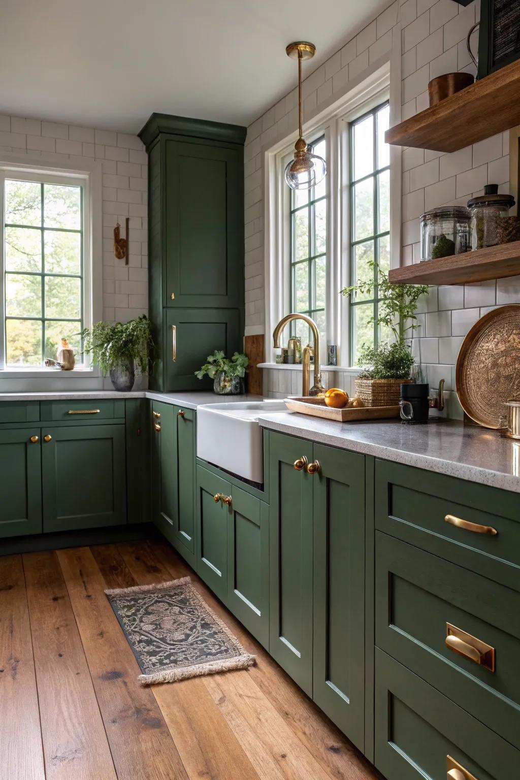 Elegant kitchen showcasing profound evergreen cabinets and shimmering gold accents.