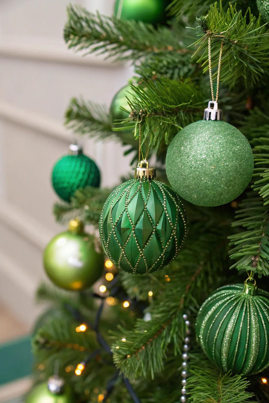 A close-up showcasing the diversity of green ornaments on a Christmas tree.