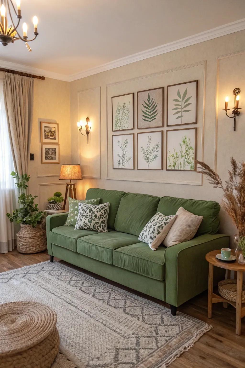 Understated shades exquisitely counterbalance the striking nature of an emerald sofa, assuring a tranquil atmosphere.
