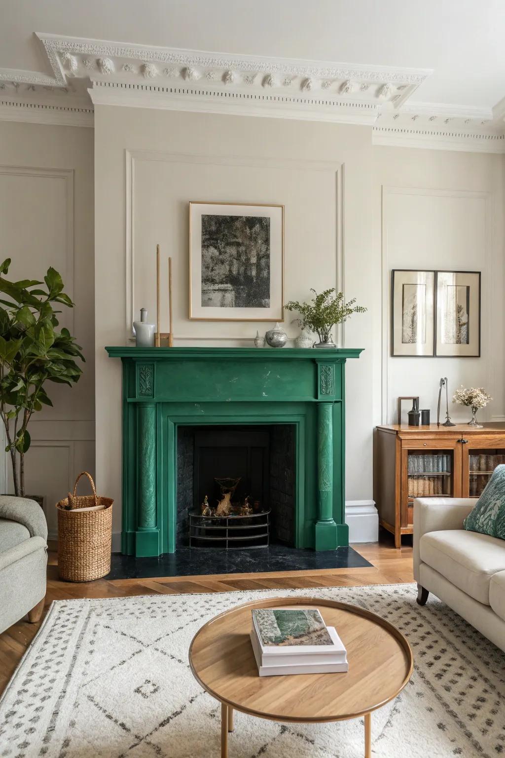 A bold emerald green fireplace surround set against a minimalist living room backdrop.