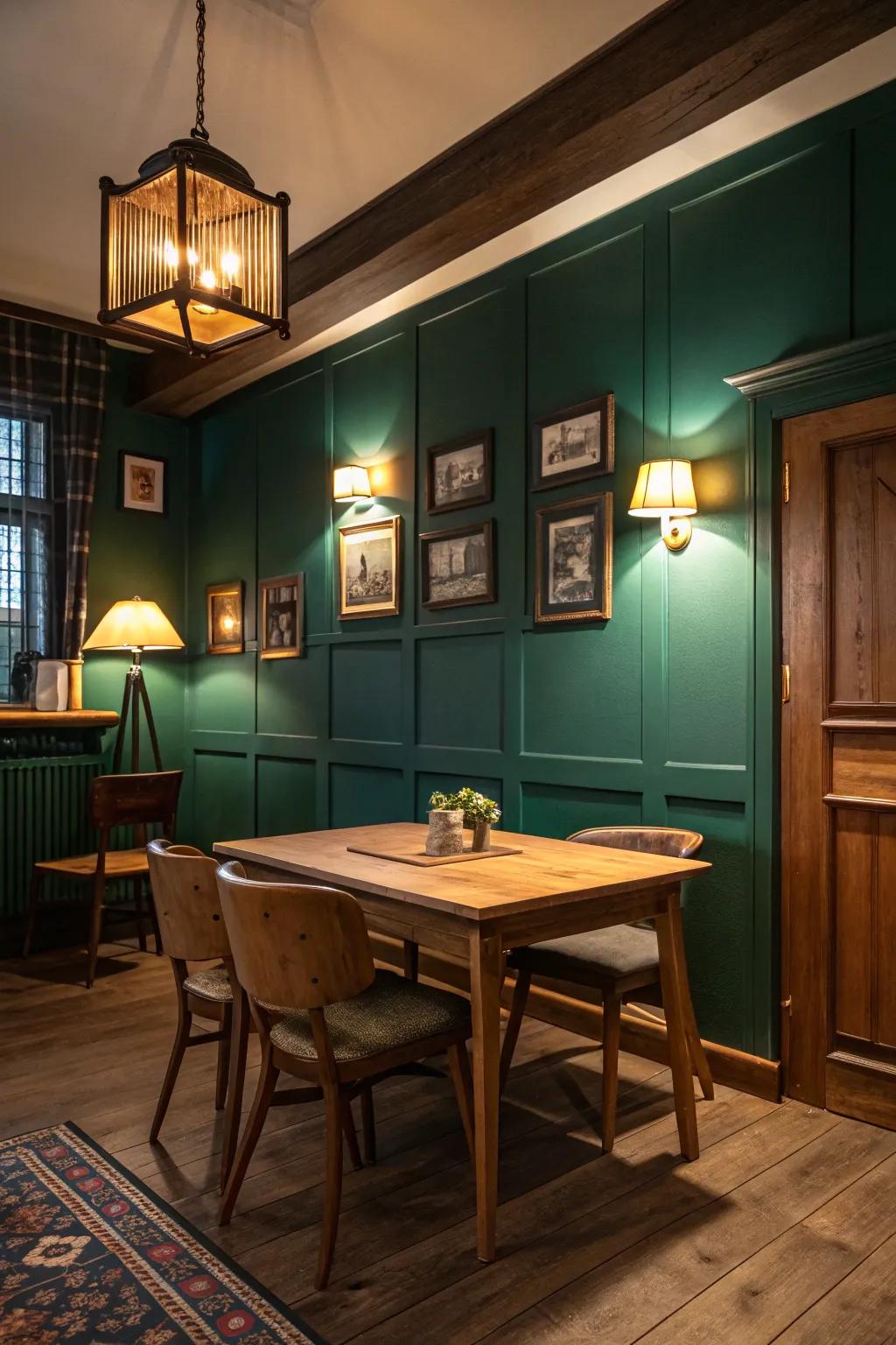 Deep green walls harmonized with wooden furniture for a snug atmosphere.