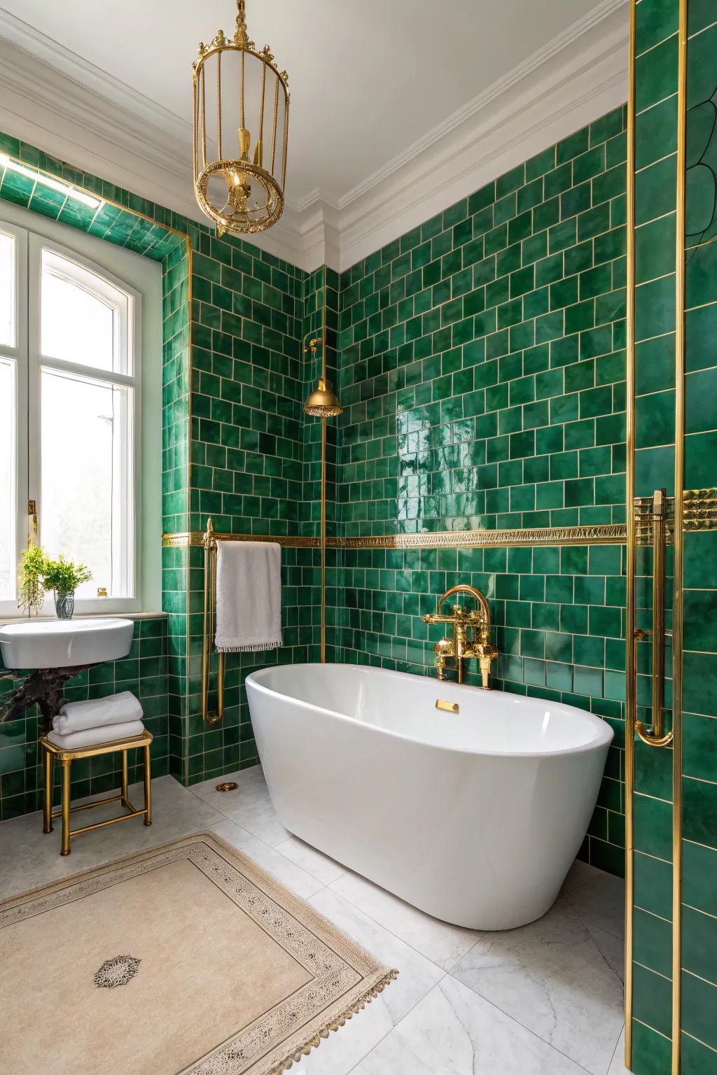 <strong><em>Emerald green</em></strong> tiles infuse a sense of luxury into your bathroom space.” loading=”lazy” class=”pimg”>
	</picture><figcaption><strong><em>Emerald green</em></strong> tiles infuse a sense of luxury into your bathroom space.</figcaption></figure>
<p><strong><em>Emerald green</em></strong> tiles possess the power to transform your bathroom into an opulent sanctuary, showcasing their captivating and deep color. I’m particularly drawn to the luxurious element they introduce, notably when harmonized with golden or bronze fixtures.</p>
<h3>Products that could assist:</h3>
<ul class=
