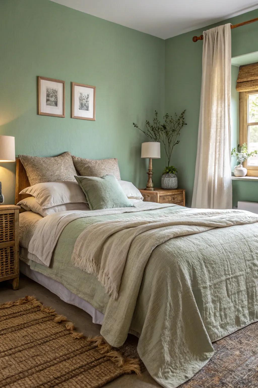A relaxing bedroom featuring verdant walls and natural linen bedding.