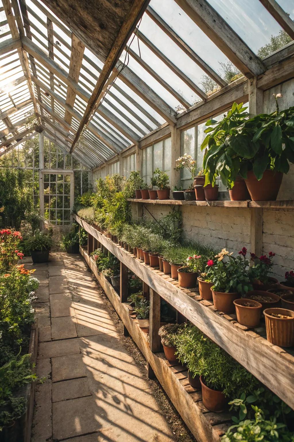 Country timber slat shelves infusing charm and practicality.