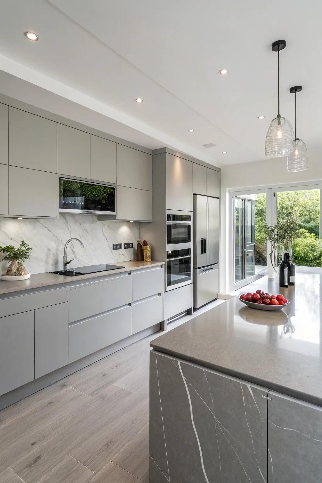 A contemporary kitchen showcasing stylish grey quartz countertops.