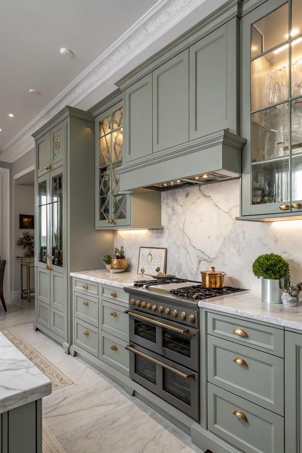A traditional kitchen featuring grey-green cabinets paired with stone countertops.