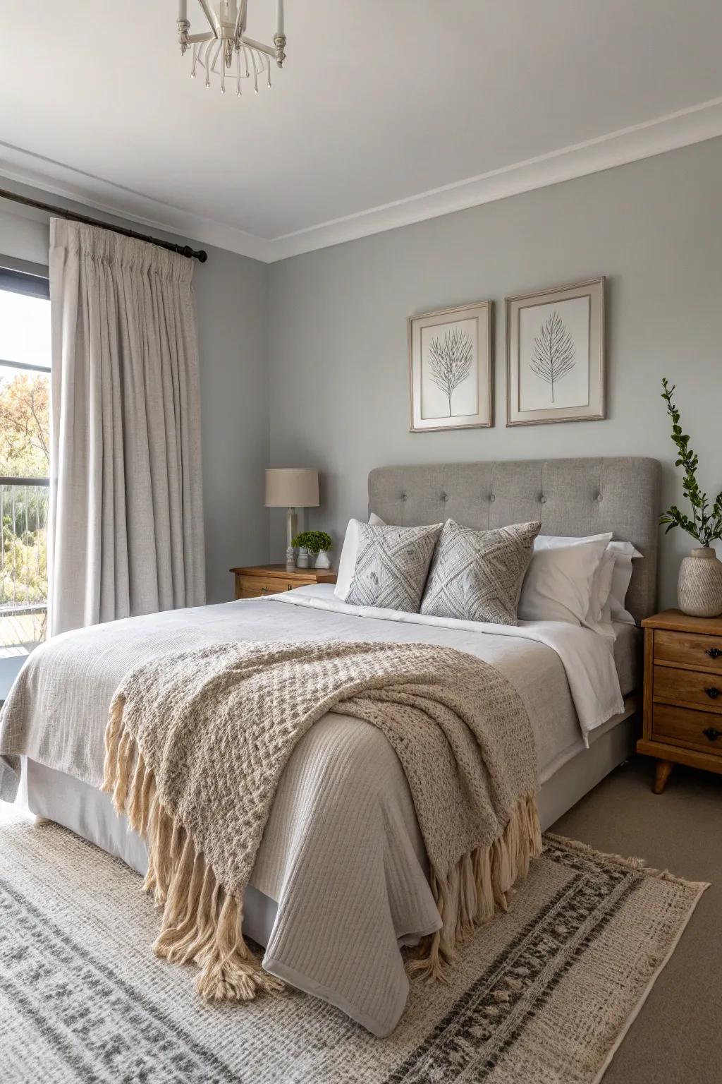 A peaceful bedroom retreat featuring gentle grey walls and comfortable textures.