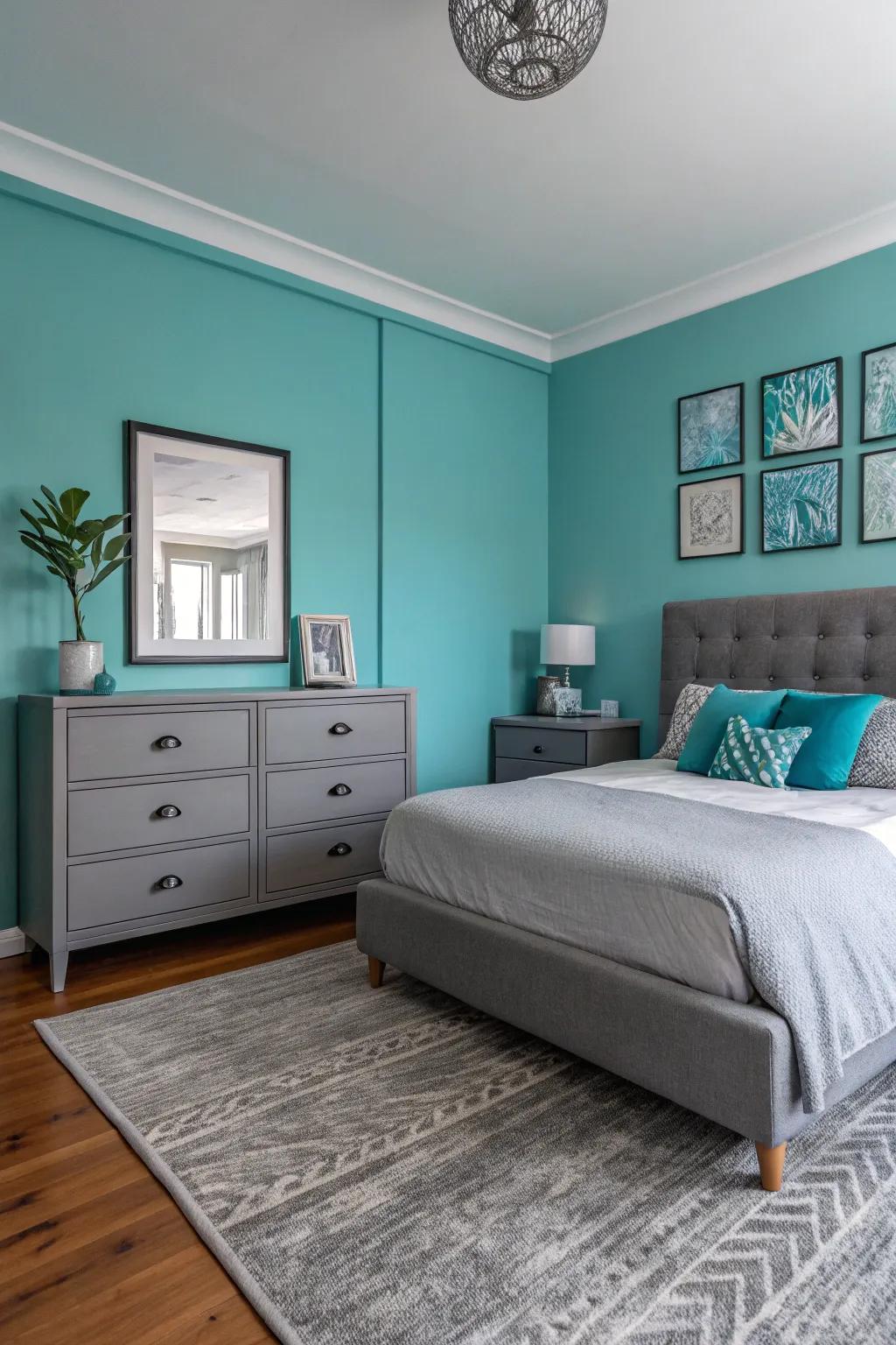 A turquoise feature wall introduces a revitalizing element to a grey-themed bedroom.