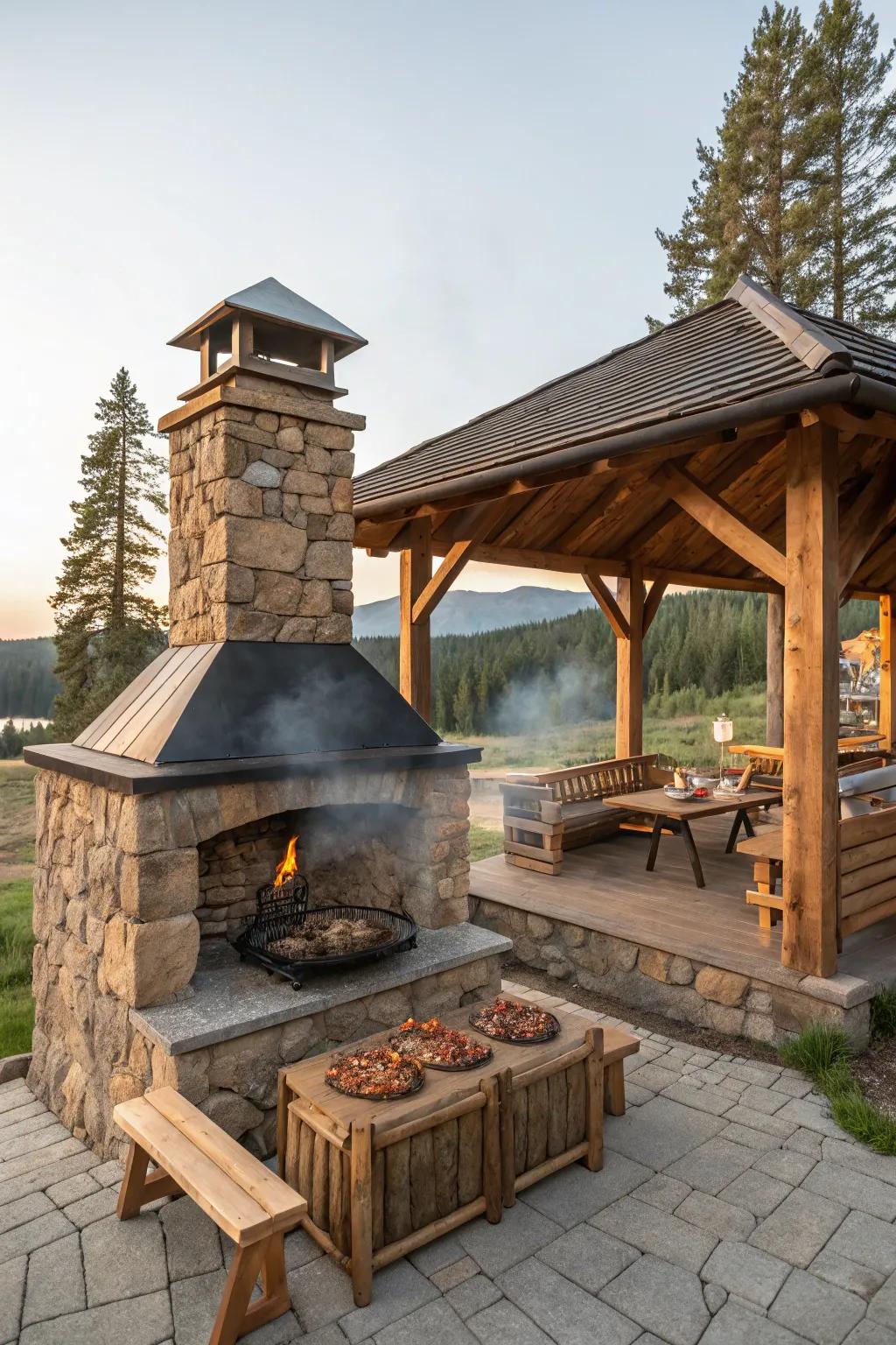 An earthy barbecue shelter showcasing natural wood and stone features.
