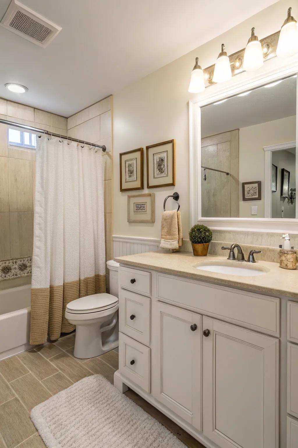 A relaxing assortment of neutral colors provides a peaceful and welcoming guest bathroom ambiance.