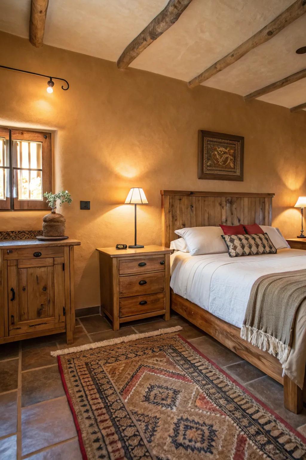 A guest room showcases comforting earth tones, exuding warmth.