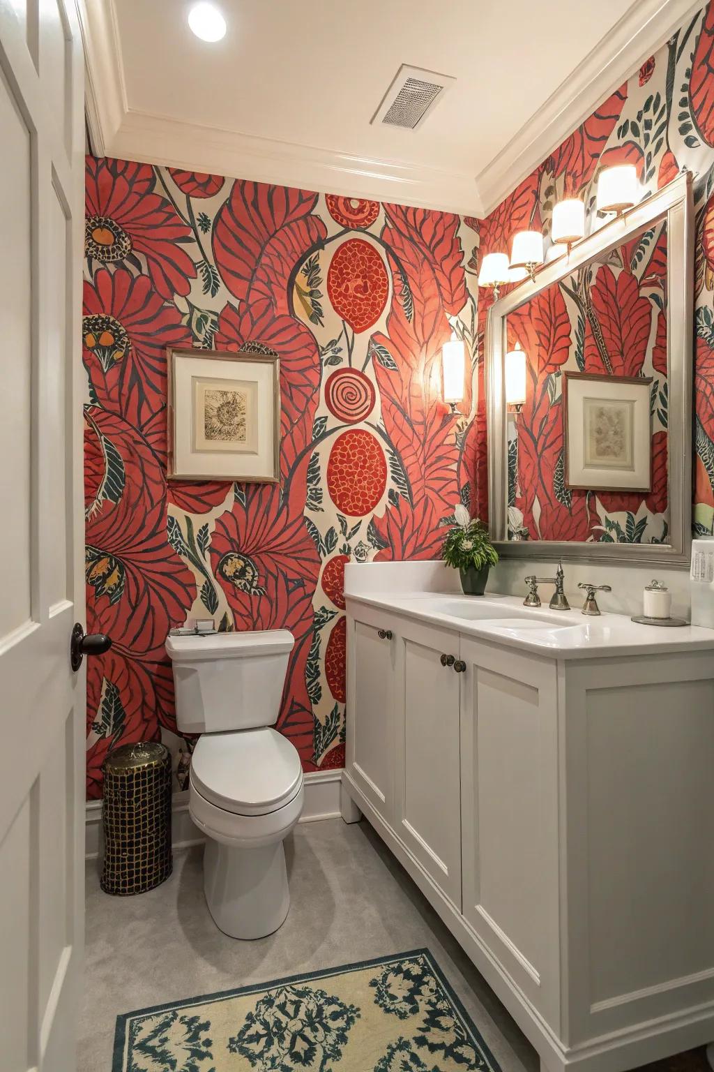 Transform your powder room with striking, patterned wall coverings that make a bold statement.