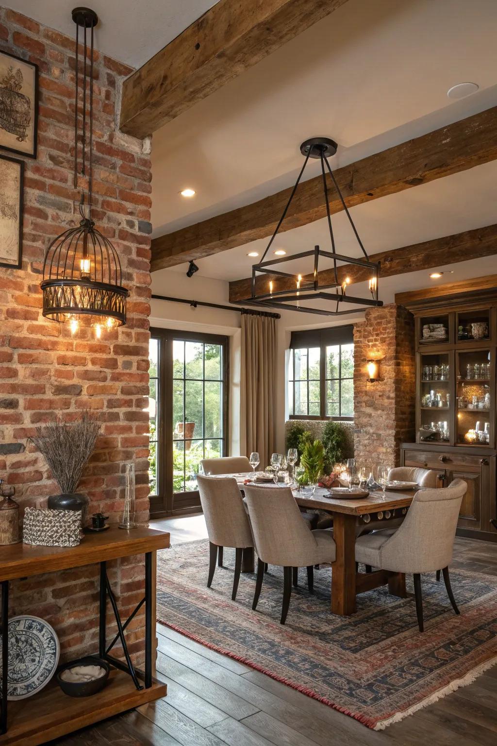 A homespun dining space featuring a half brick wall, ideal for intimate gatherings.