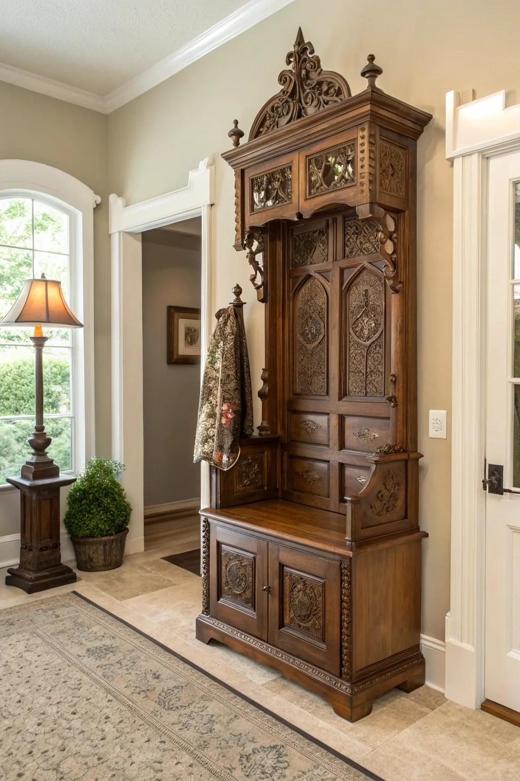 A classic wood hall tree lends timeless elegance to any house.