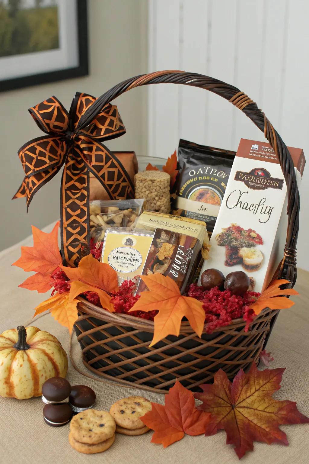A basket packed with gourmet goodies for a luxurious Halloween delight.