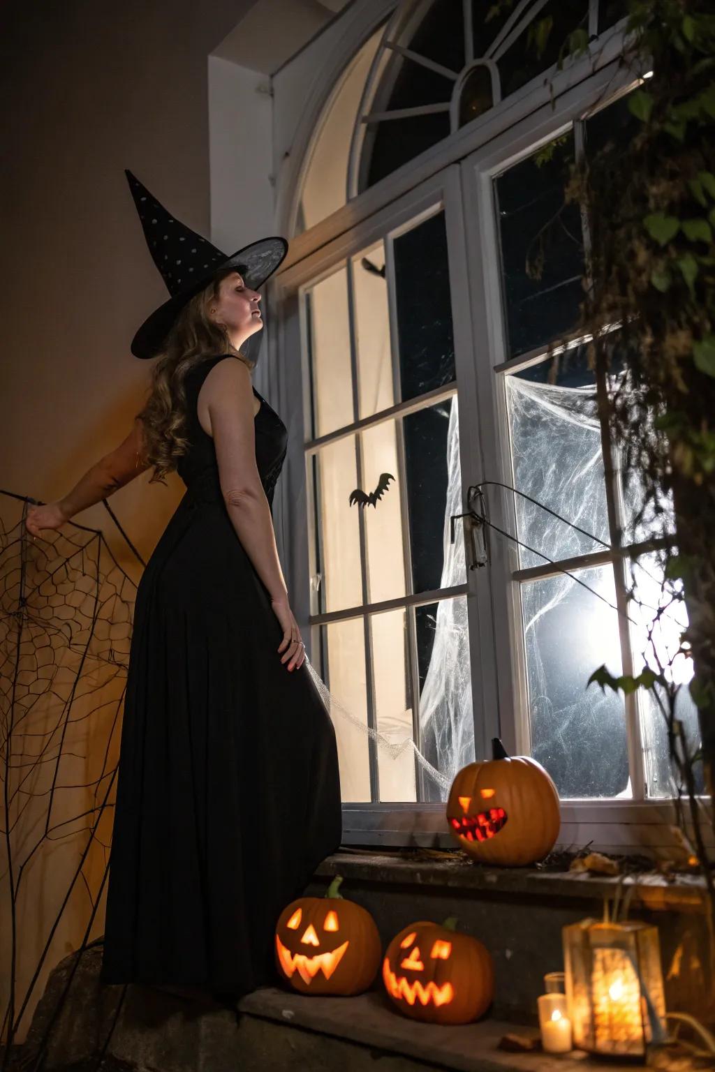 A classic witch look featuring a black dress and hat.