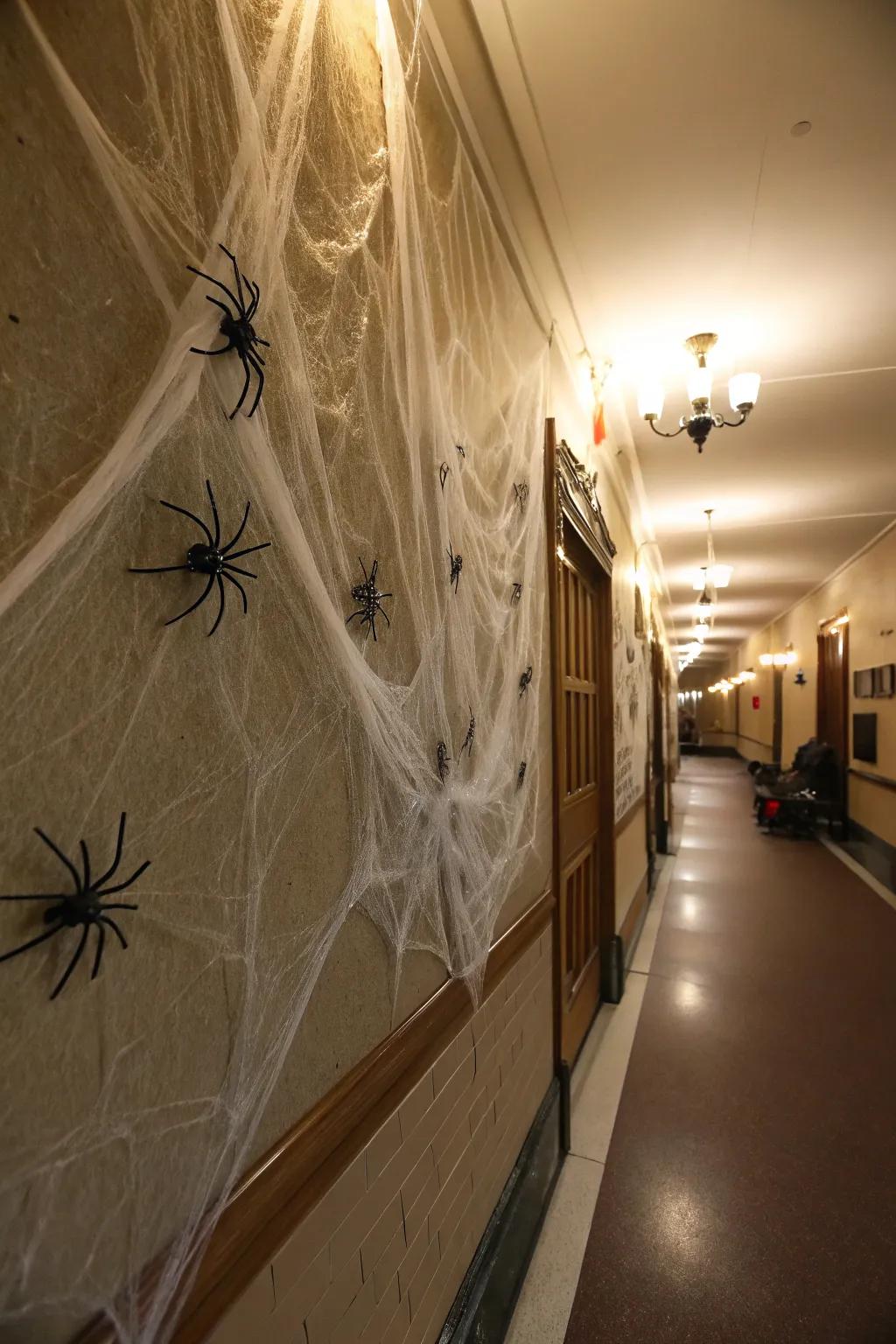 Conjure a spooky ambiance using cobwebs in your hallway.