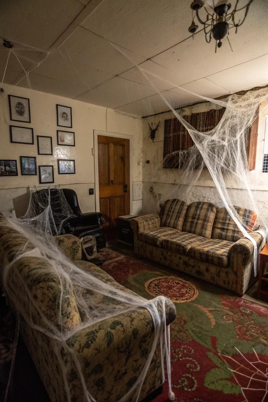 Spider webs hung across a living space for a classic haunted house look
