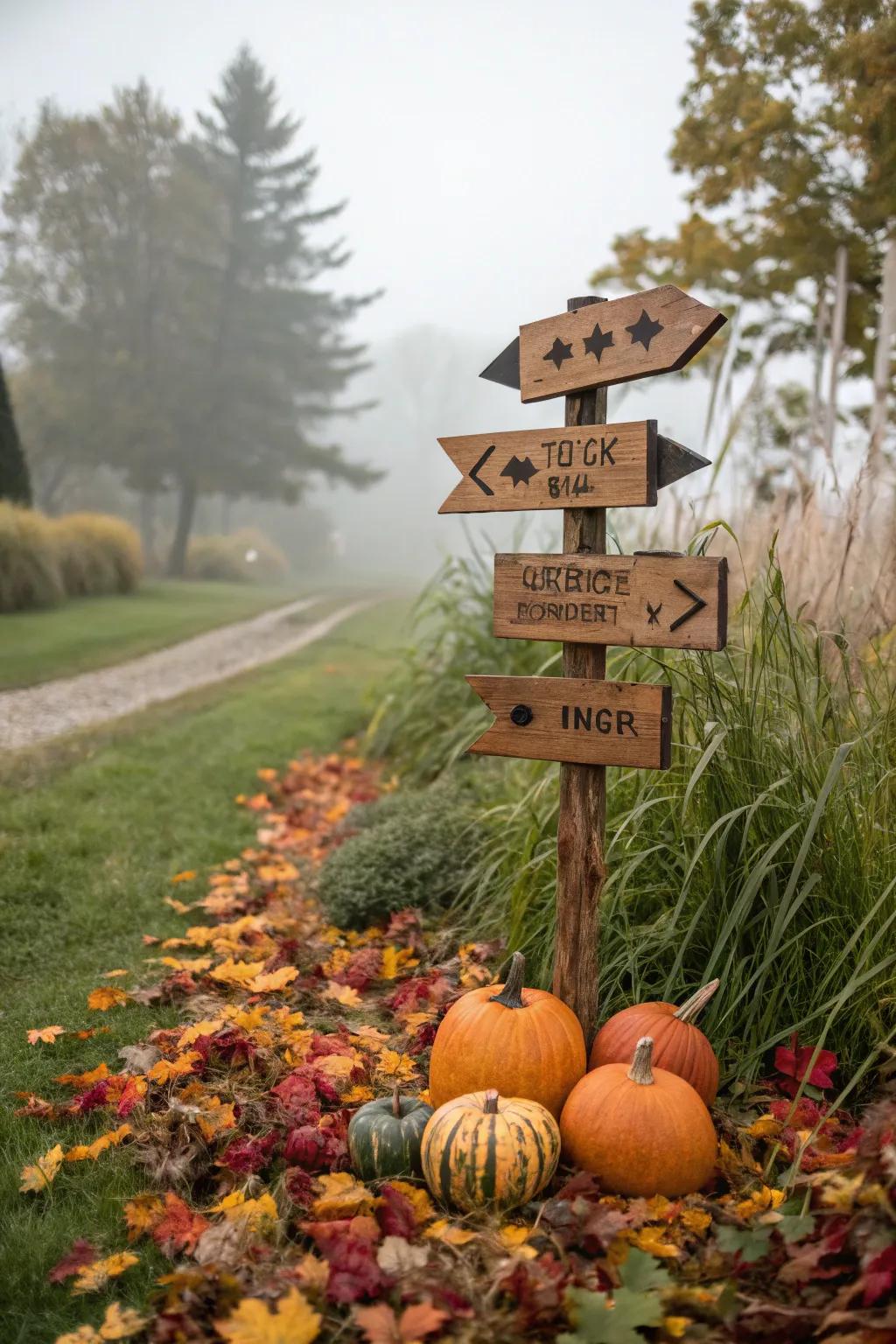 An old-fashioned multi-directional Halloween sign in the yard.