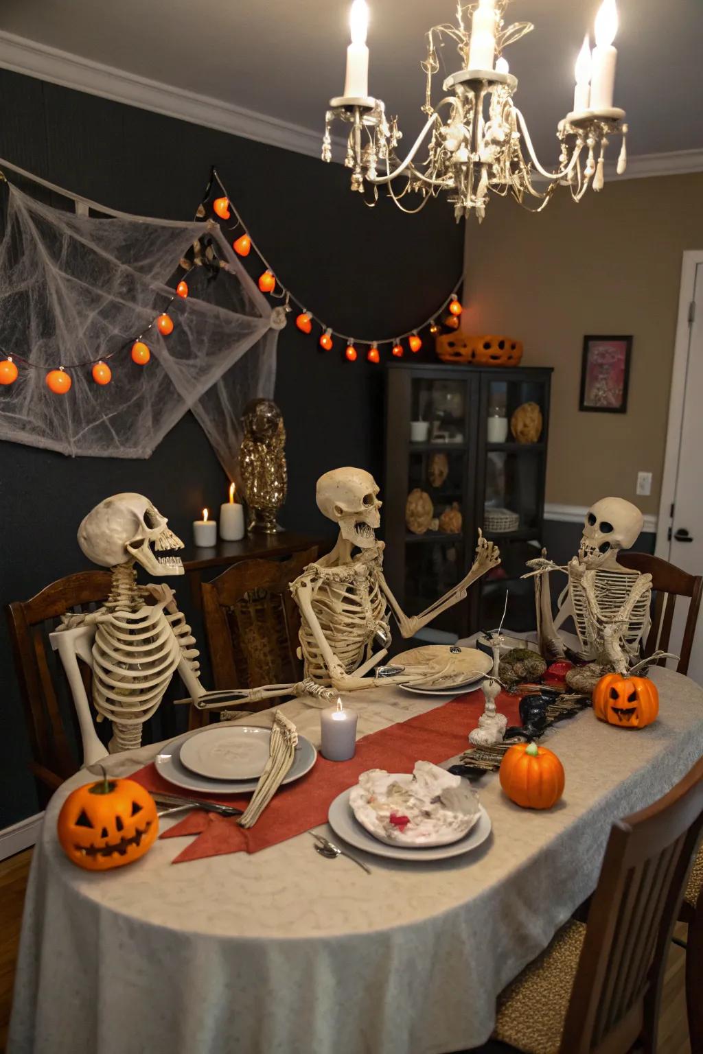 A skeleton family gathering adds warmth and humor to your Halloween decorations.