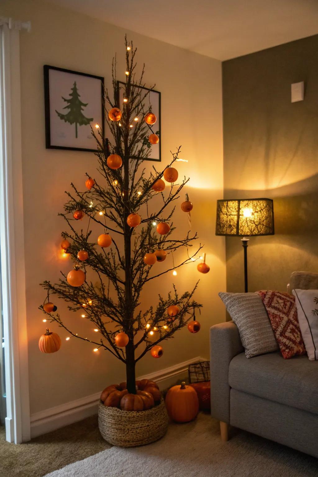 A radiant Halloween tree aglow with petite gourds and amber lights.
