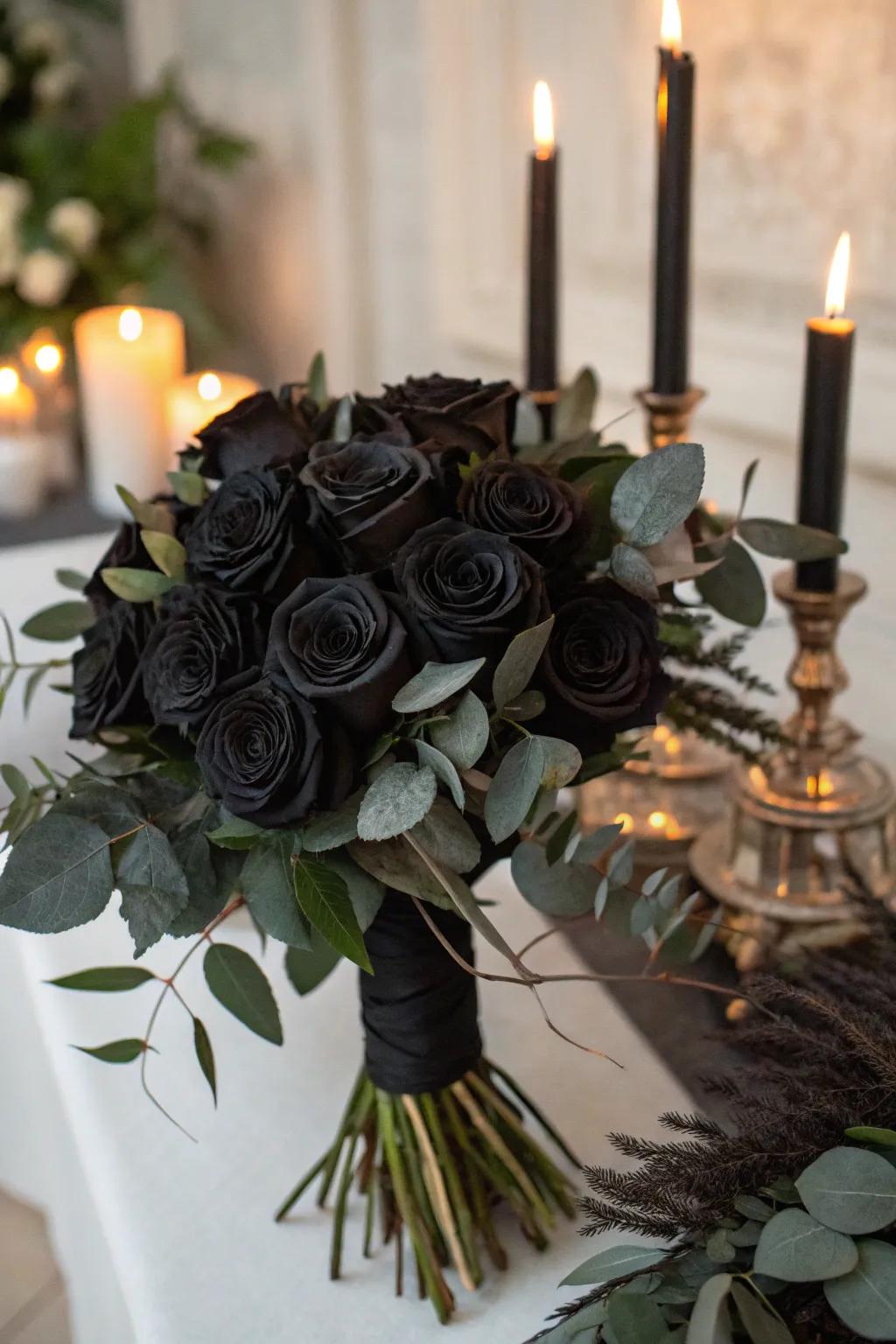 A clutch of black roses serves as the quintessential catalyst for a mysterious ambiance.