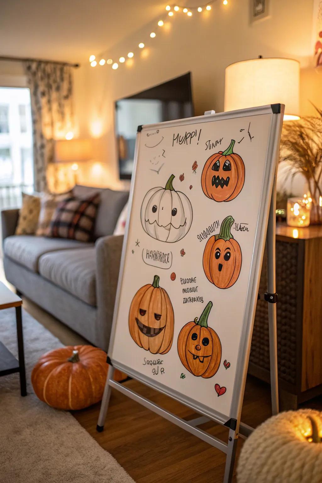 A whiteboard displaying a parade of gourds with varying expressions.