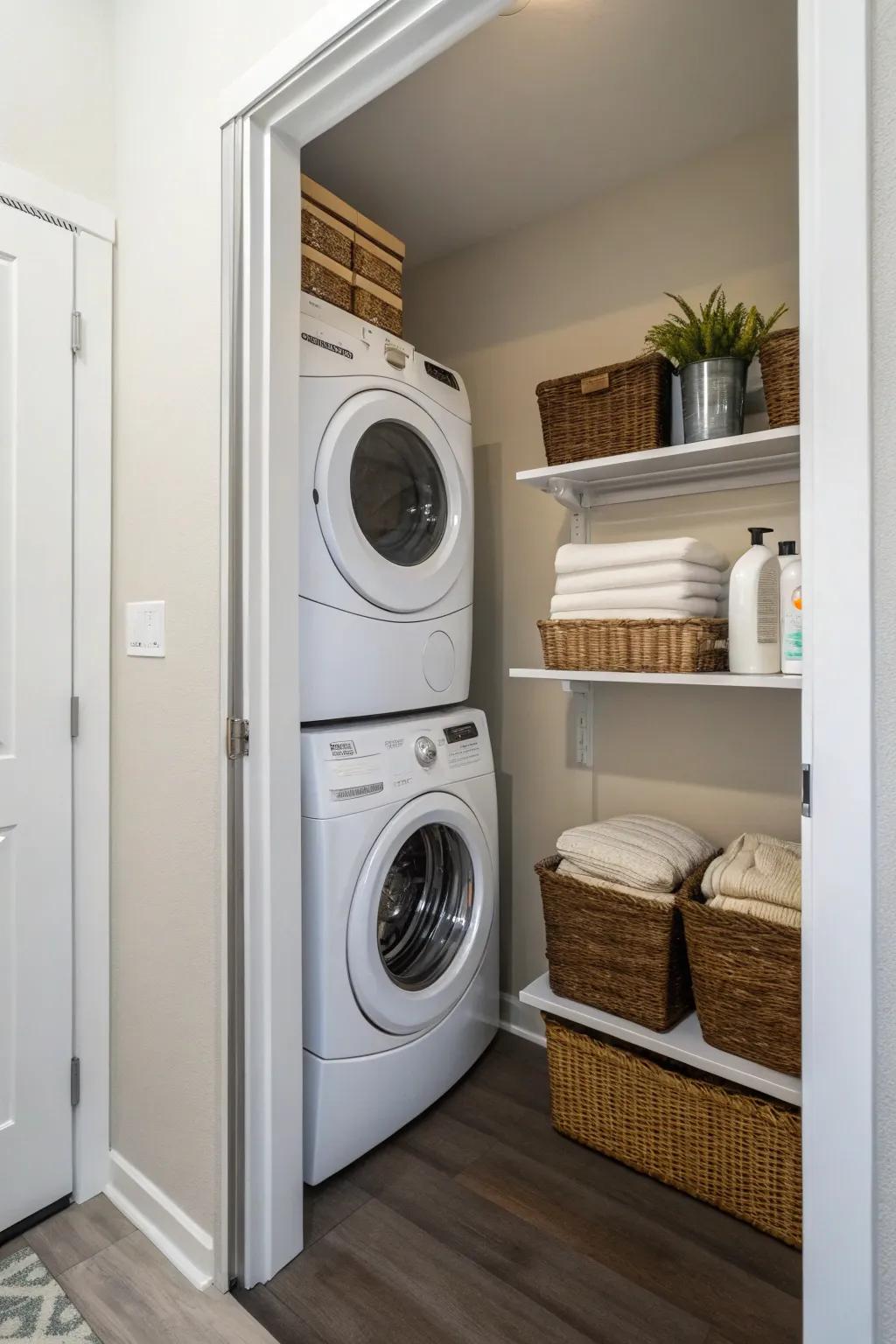 A tidy and space-saving stacked washer and dryer arrangement.