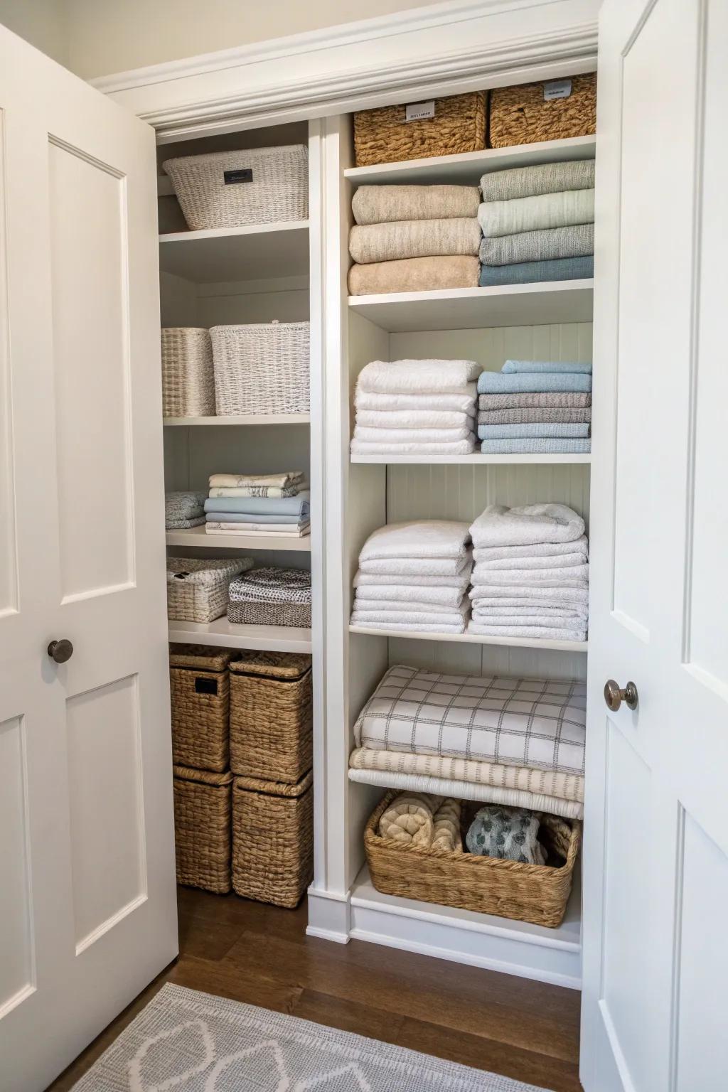 Shelves that can be adjusted create space for every linen, from blankets to towels.