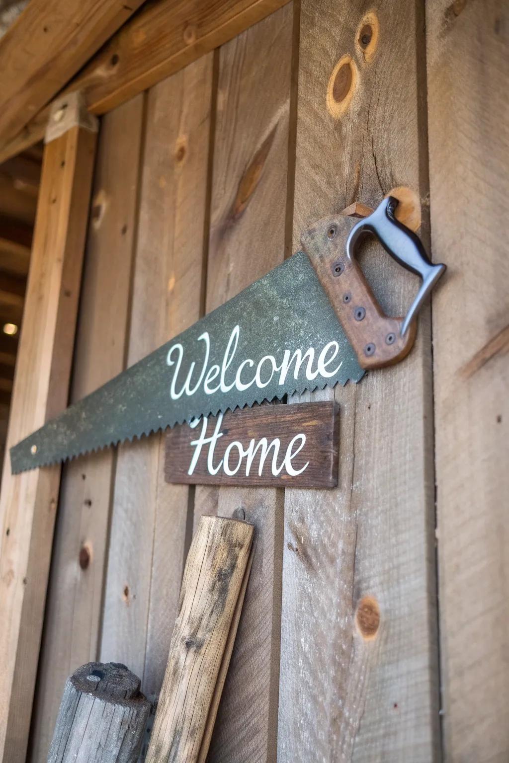 A vintage handsaw given a new life as an attractive welcome display.