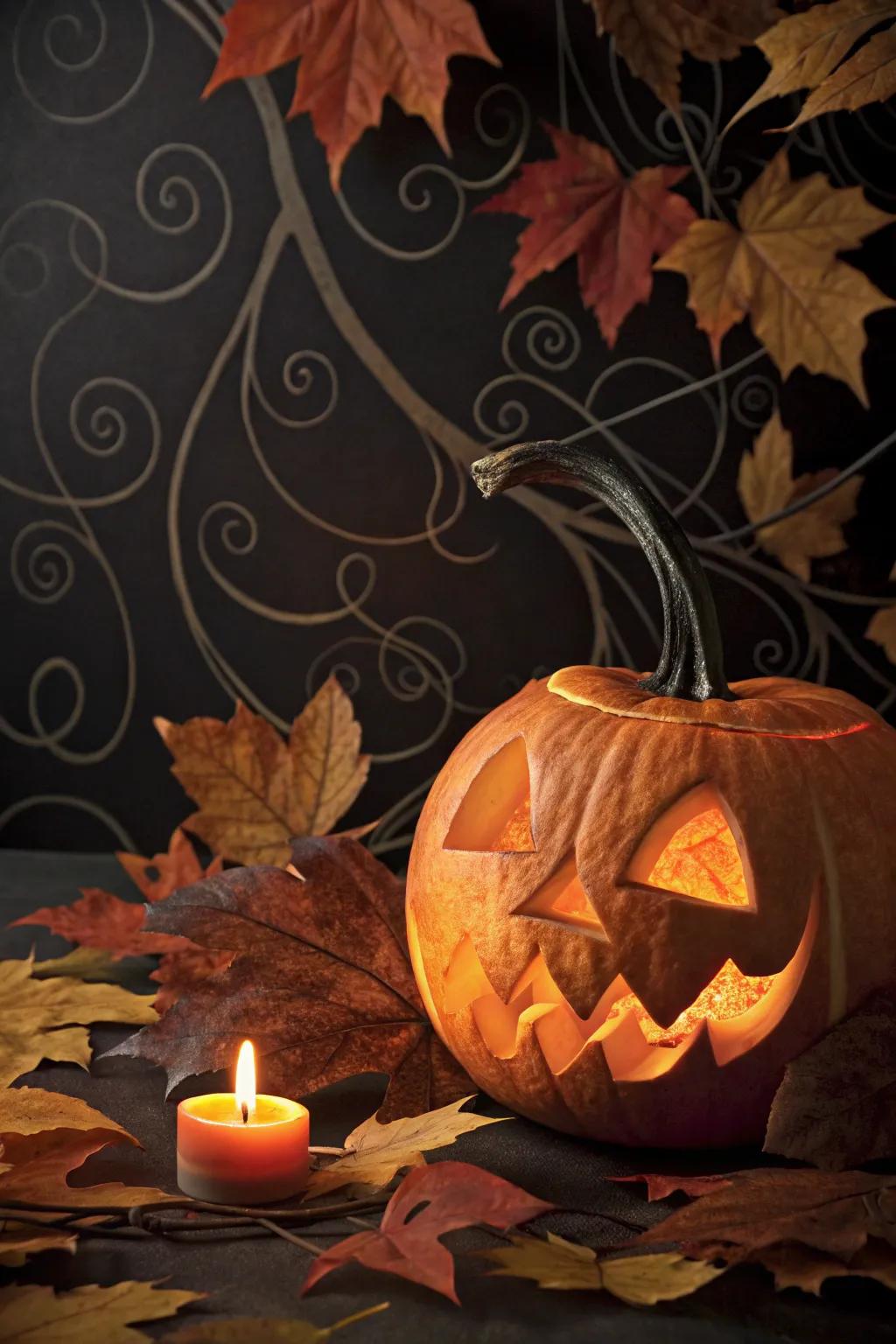 A quintessential Halloween wall piece featuring a carved gourd as the focal point.